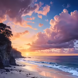 the sun rising over the ocean, and a sandy beach