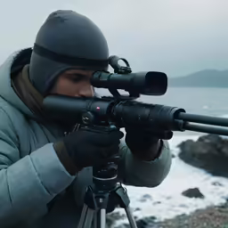 man with hooded hat taking a picture with camera on tripod