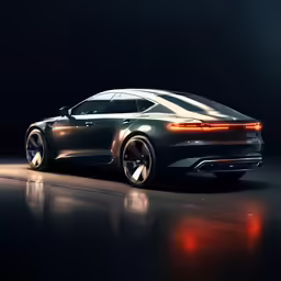 a close up of a sports car in a dark room