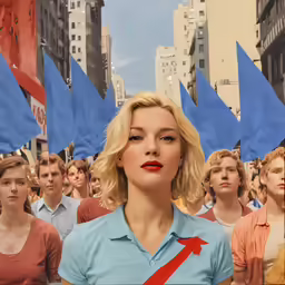 woman in blue shirt with red arrow on chest surrounded by men in business suits