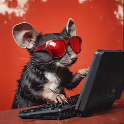 a mouse in glasses looks at the laptop screen