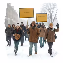 people walking in the snow with signs on them