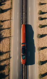 an orange vehicle is driving on the street