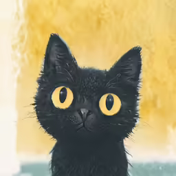 this is an oil painting of a black cat with yellow eyes
