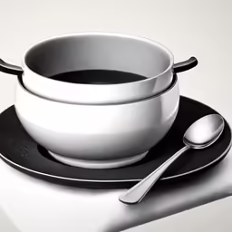 a bowl and fork on top of a white plate