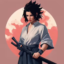 a woman with a gun in front of a large moon