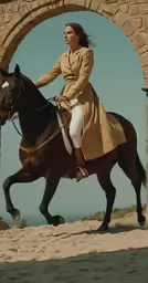 the woman in beige coat and dress is riding a brown horse