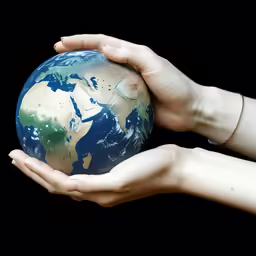 two hands holding the earth globe against a black background