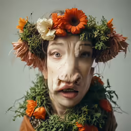 the woman is posing with frondy flowers on her head