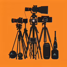 a line of camera and tripod stands against an orange background