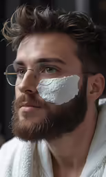 a man with an eye patch on his cheek with a white piece of shaving paper on his forehead