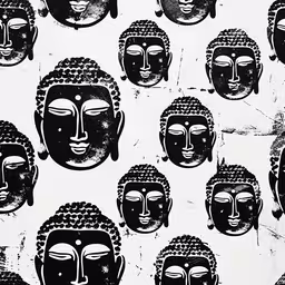 a black and white illustration of several buddha faces,the faces of buddhas in black and white
