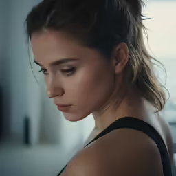 a woman wearing a black top and looking down at her watch