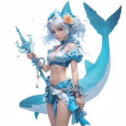 a woman dressed in blue and holding a sword