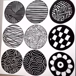 black and white illustration with many circles and swirls,a bunch of black and white designs on white paper