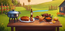an outside table is displaying a variety of foods,a painting shows a picnic table set for two