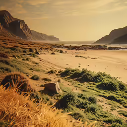 the grass is growing on the sand near the ocean