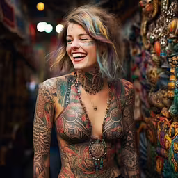 a girl with colorful hair and tattoos posing for the camera,a woman has tattoos on her chest and neck