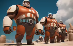 several cartoon figurines in costume, carrying large objects