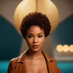 a woman wearing an orange leather jacket is looking straight ahead