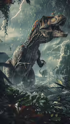 an image of a dinosaur in the middle of the water,an illustration of a dinosaur in the rain