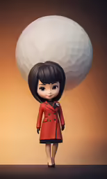 a girl in red coat holding a big white ball on head