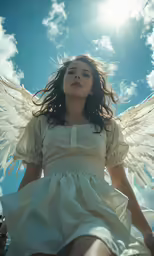 a woman with angel wings posing for a photo
