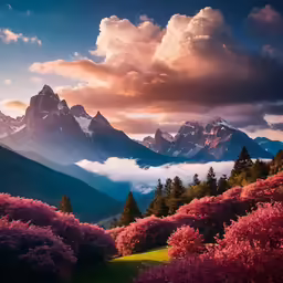 some mountains with pink flowers on a cloudy day