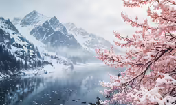 snow covered mountains surrounding a lake with pink flowers