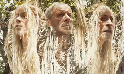 three old men with long blonde hair are looking down at something