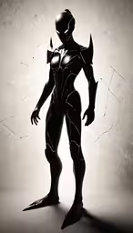 a stylized drawing of a female robot standing in black and white,a man with a sci suit stands in a pose