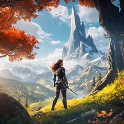 a girl stands in an orange field with mountains and trees