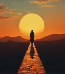 a person standing on a long brick road looking up at the sun,a person standing on the end of a dock during sunset