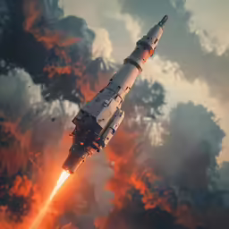 a rocket launching into the sky with clouds around it