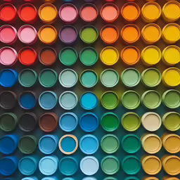 an array of various color paint with a rainbow light