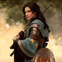 a woman with a sword and armor standing on a field