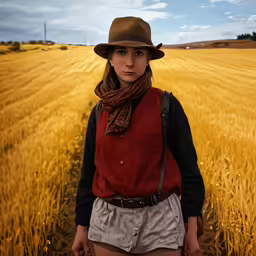 a woman with a hat is standing in the middle of the field