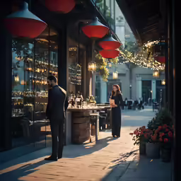 a man and woman standing in a dark street