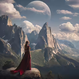 woman in red dress looking out over mountains