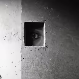 an eye peers through the hole in a wall
