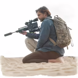 a man kneeling down in the sand holding a camera and wearing a backpack