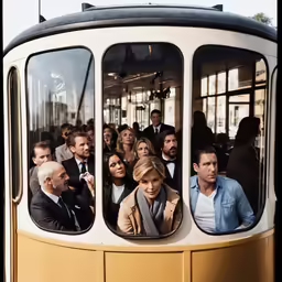 some people are sitting in a bus and some are taking pictures