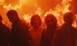 a crowd of people standing next to a large fire