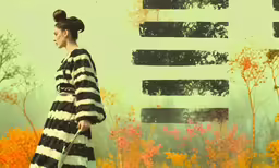 a girl with a handbag and wearing black and white striped dress