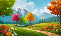 a scenic picture of colorful autumn flowers and trees,the colorful field and trees on the shore