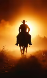the silhouette of a cowboy riding his horse in a misty, golden sky