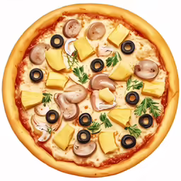 pizza with mushrooms, pineapple, pepperonis and mushrooms