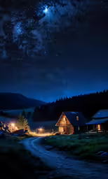 stars fill the night sky above some houses