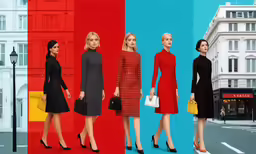 multiple dresses and bags in front of a city street