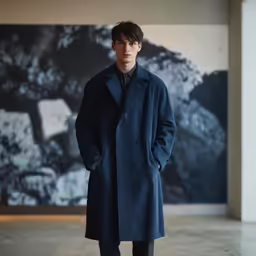 a man standing in a room in front of a painting